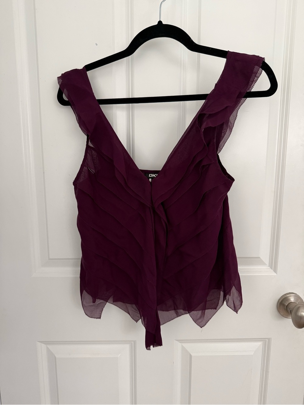DKNY Womens Silk Plum Ruffle Layered Sleeveless Top